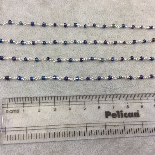 Silver Plated Copper Rosary Chain with Faceted 3-4mm Rondelle Shaped Rainbow Mystic Coated Black Spinel Beads - Sold Per Ft - (CH158-SV)