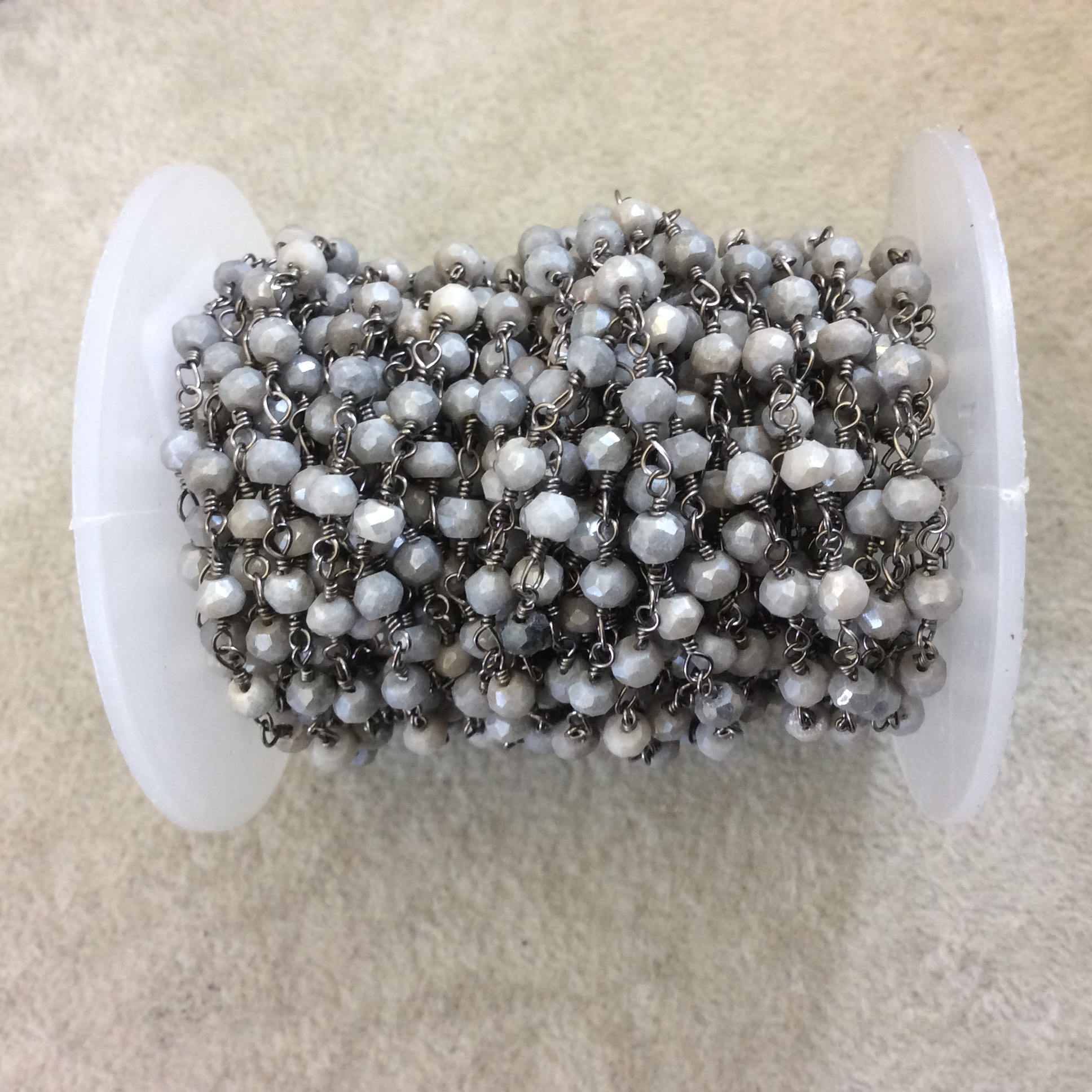 Gunmetal Plated Copper Rosary Chain with Faceted 3-4mm Rondelle Shaped Mystic Coated White Quartz Beads - Sold Per Ft - (CH156-GM)