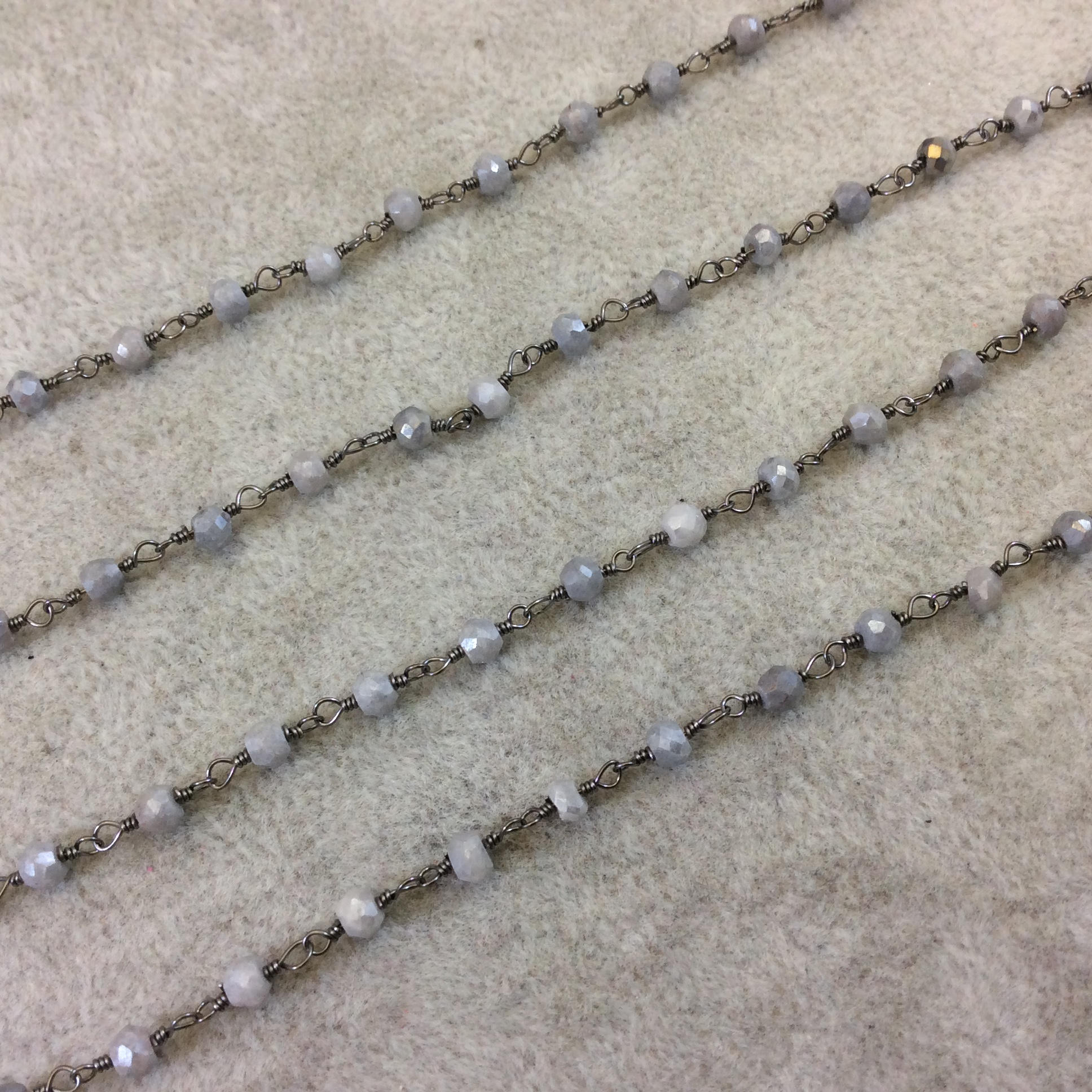 Gunmetal Plated Copper Rosary Chain with Faceted 3-4mm Rondelle Shaped Mystic Coated White Quartz Beads - Sold Per Ft - (CH156-GM)