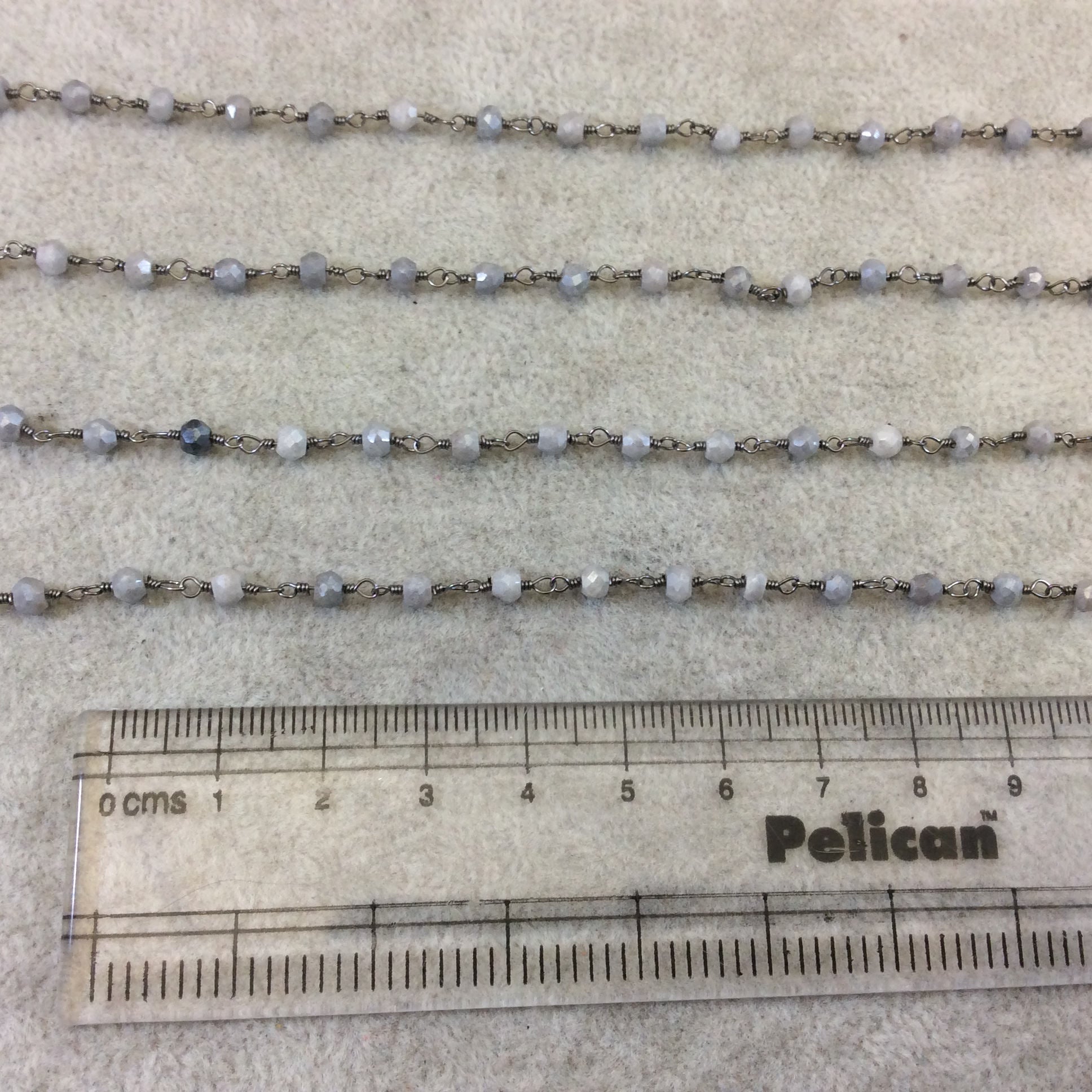 Gunmetal Plated Copper Rosary Chain with Faceted 3-4mm Rondelle Shaped Mystic Coated White Quartz Beads - Sold Per Ft - (CH156-GM)