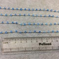 Silver Plated Copper Rosary Chain with Faceted 3-4mm Rondelle Shaped Mystic Coated Medium Blue Moonstone Beads - Sold Per Ft - CH143-SV