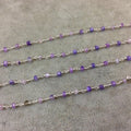 Silver Plated Copper Rosary Chain with Faceted 3-4mm Rondelle Shaped Mystic Coated Lilac/Purple Moonstone Beads - Sold Per Ft - (CH145-SV)