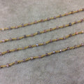 Gold Plated Copper Rosary Chain with Faceted 3-4mm Rondelle Shaped Mystic Coated Pink/Mauve Moonstone Beads - Sold Per Ft - CH144-GD
