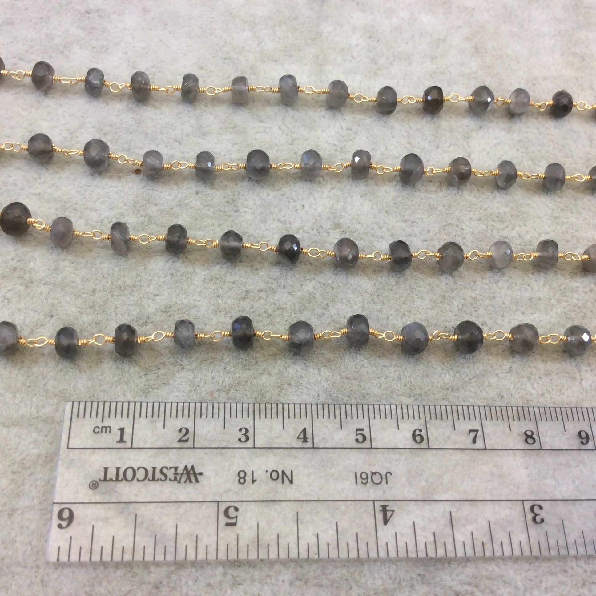 Gold Plated Copper Rosary Chain with Faceted 4mm x 6mm Rondelle Shape Mystic Gray Moonstone Beads - Sold Per Ft - (CH332-GD)