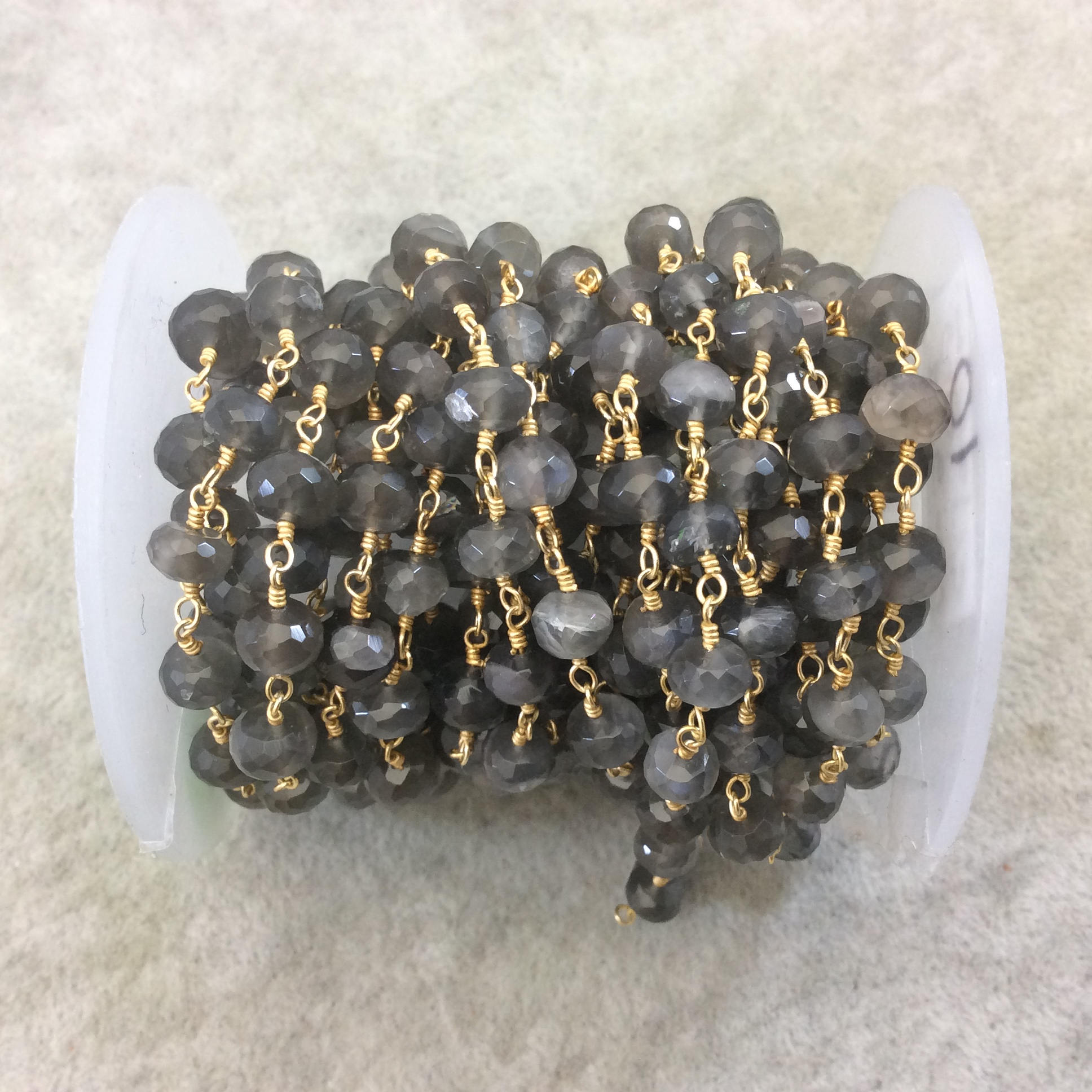 Gold Plated Copper Rosary Chain with Faceted 4mm x 6mm Rondelle Shape Mystic Gray Moonstone Beads - Sold Per Ft - (CH332-GD)
