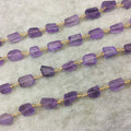 Gold Plated Copper Rosary Chain with Faceted 8-10mm x 10-12mm Nugget Shape Transparent Purple Amethyst Beads - Sold Per Ft - (CH433-GD)