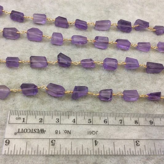 Gold Plated Copper Rosary Chain with Faceted 8-10mm x 10-12mm Nugget Shape Transparent Purple Amethyst Beads - Sold Per Ft - (CH433-GD)