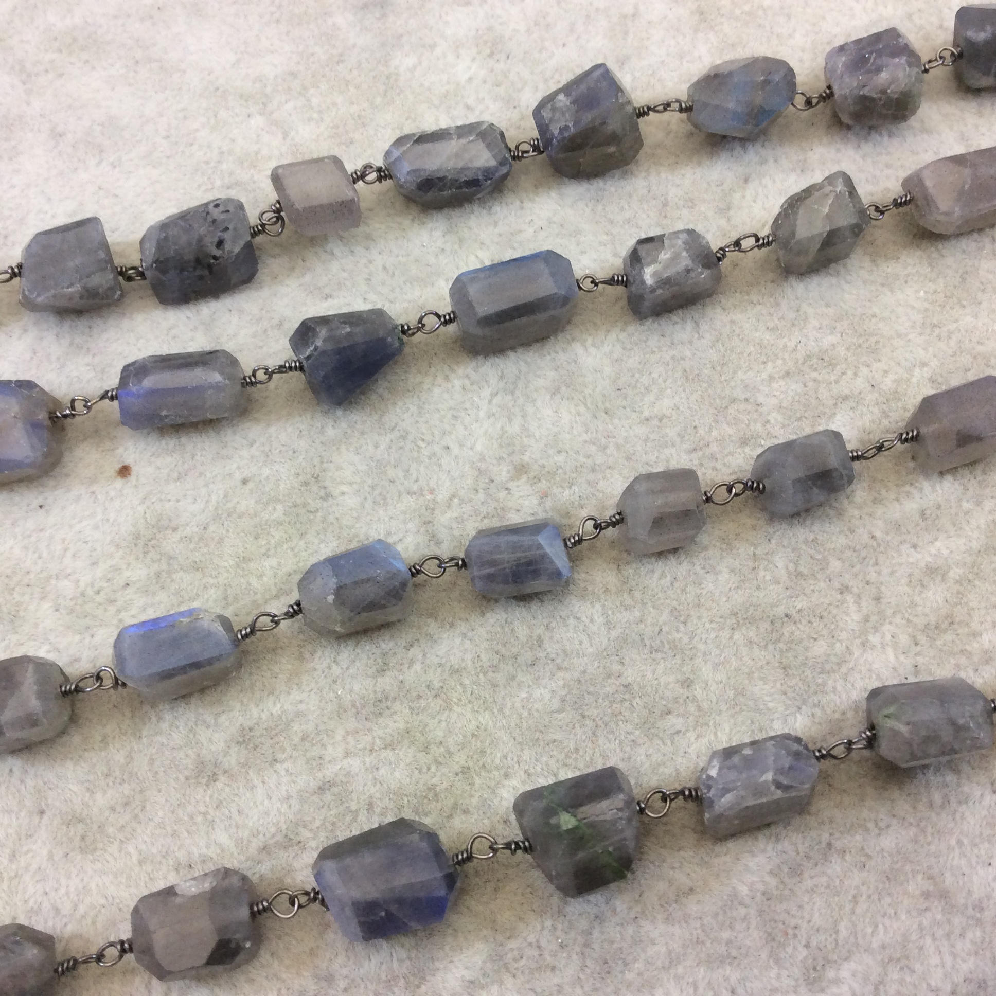 Gunmetal Plated Copper Rosary Chain with Faceted 8-10mm x 10-12mm Nugget Shape Iridescent Gray  Labradorite Beads - Sold Per Ft - (CH432-GM)
