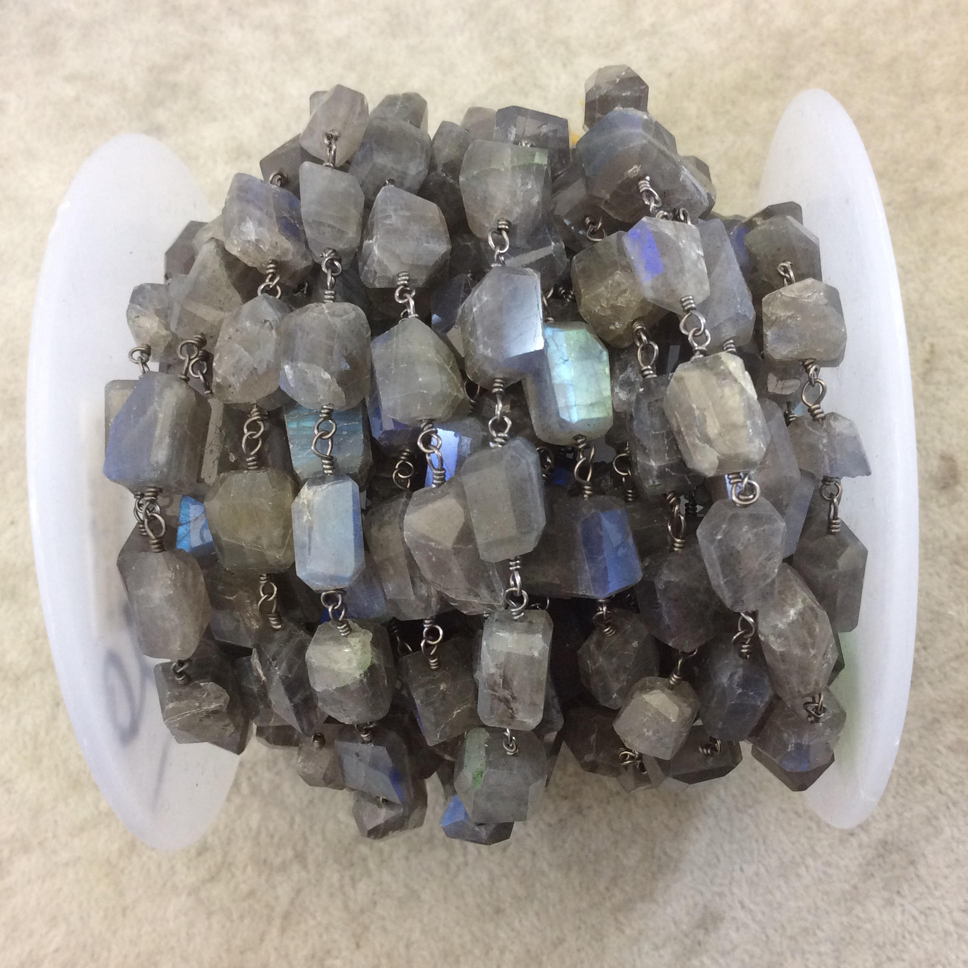 Gunmetal Plated Copper Rosary Chain with Faceted 8-10mm x 10-12mm Nugget Shape Iridescent Gray  Labradorite Beads - Sold Per Ft - (CH432-GM)