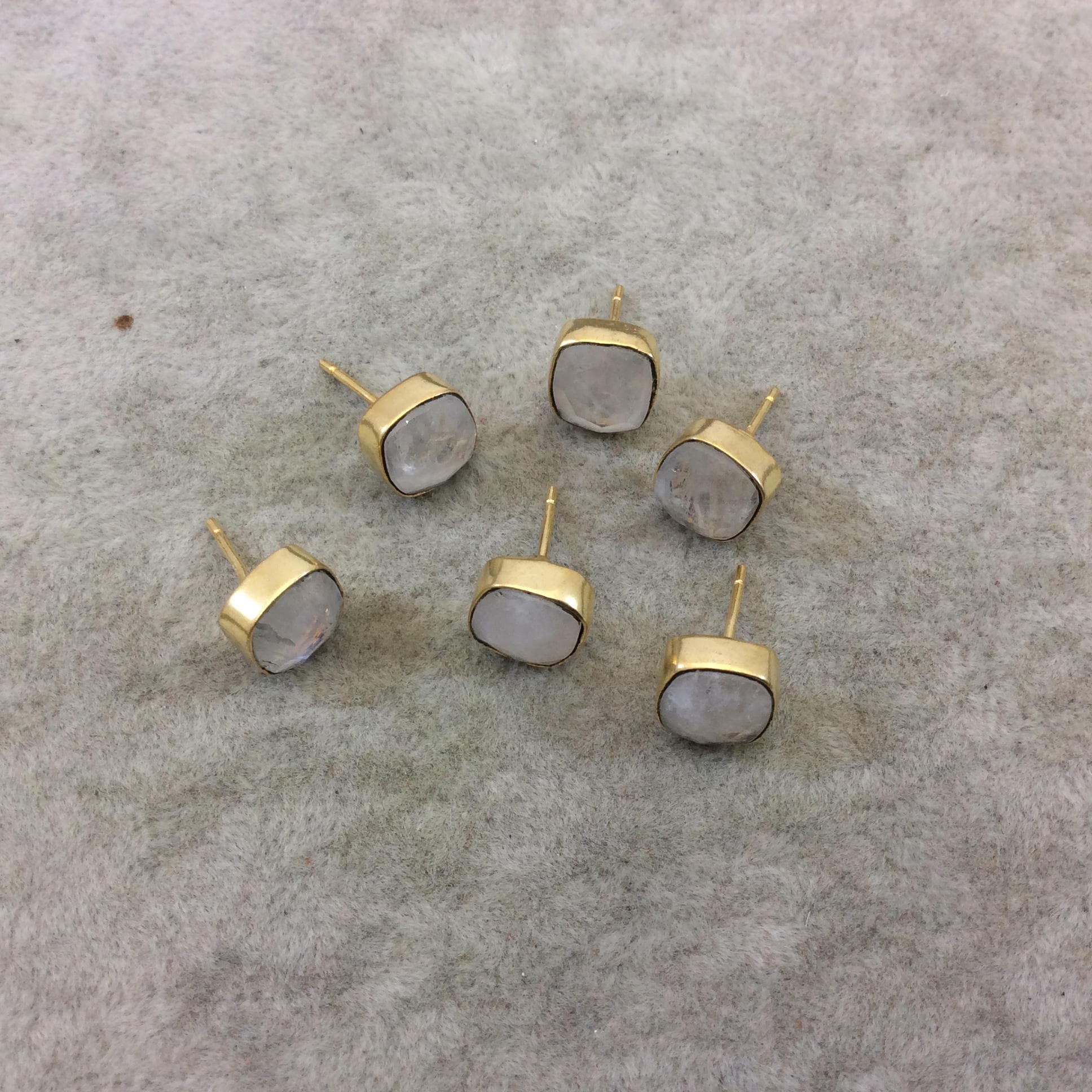One Pair of White Rainbow Moonstone Square Shaped Gold Plated Stud Earrings With NO ATTACHED Jump Rings - ~  8mm x 8mm - Natural Gemstone!