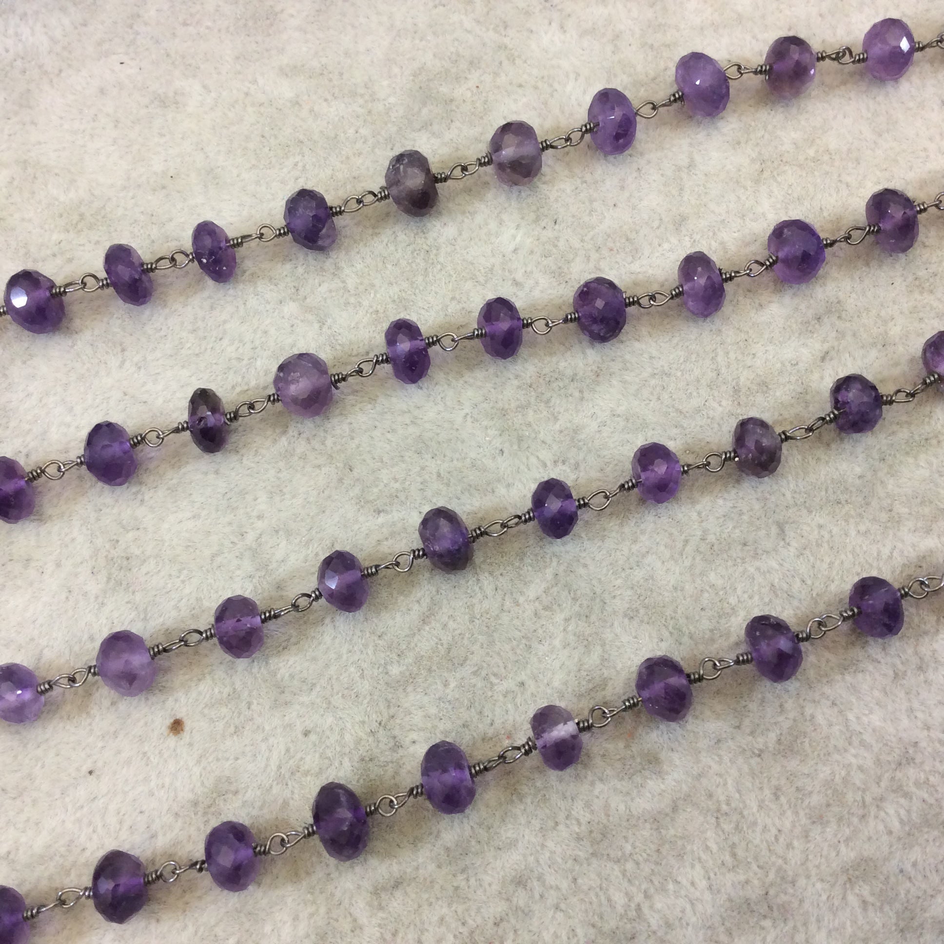 Gunmetal Plated Copper Rosary Chain with Faceted 6mm Rondelle Shape Amethyst Beads - Sold by the Foot (CH335-GM) Quality Gemstone!