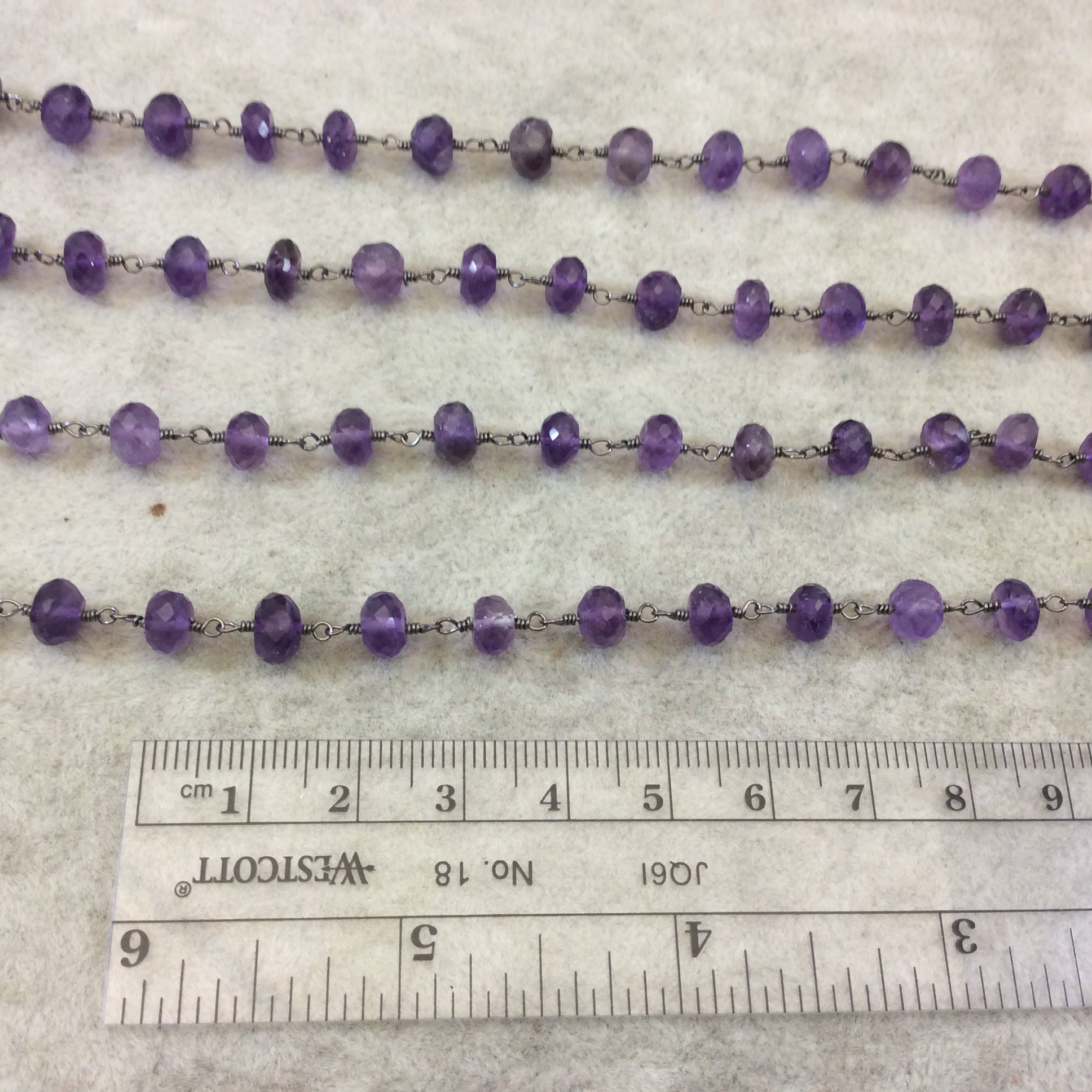Gunmetal Plated Copper Rosary Chain with Faceted 6mm Rondelle Shape Amethyst Beads - Sold by the Foot (CH335-GM) Quality Gemstone!
