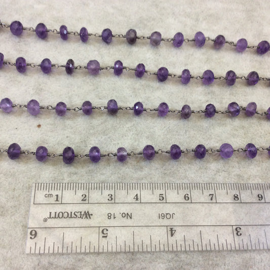 Gunmetal Plated Copper Rosary Chain with Faceted 6mm Rondelle Shape Amethyst Beads - Sold by the Foot (CH335-GM) Quality Gemstone!