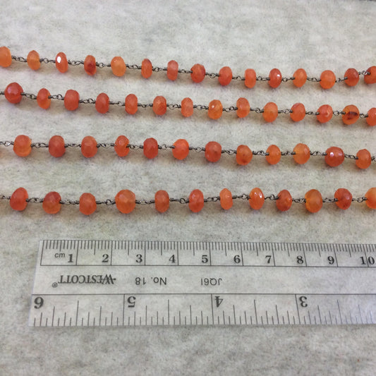 Gunmetal Plated Copper Rosary Chain with Faceted 6mm Rondelle Shape Carnelian  Beads - Sold by the Foot (CH337-GM) Quality Gemstone!