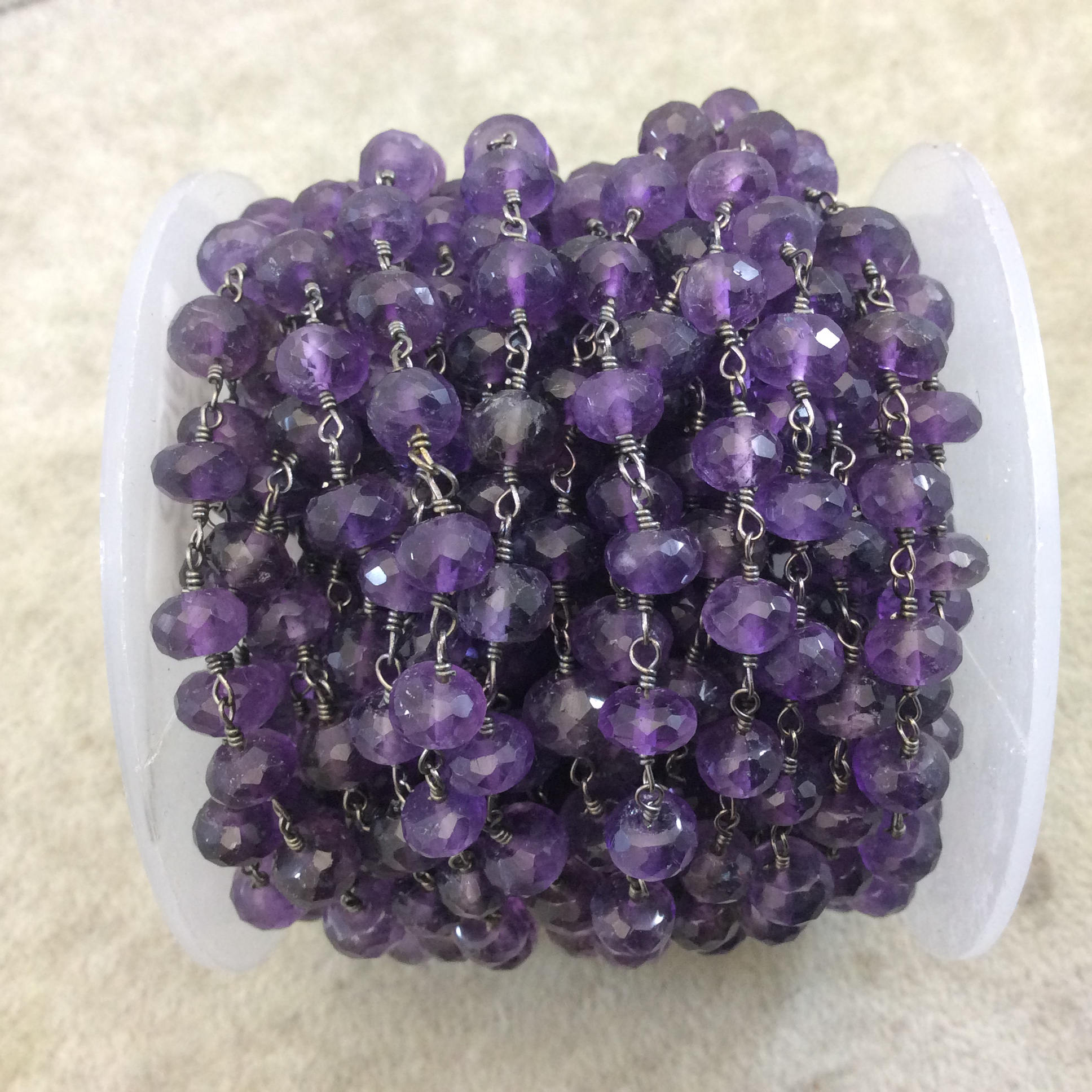 Gunmetal Plated Copper Rosary Chain with Faceted 6mm Rondelle Shape Amethyst Beads - Sold by the Foot (CH335-GM) Quality Gemstone!