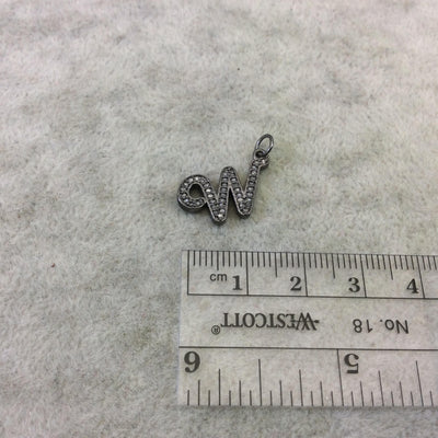 Genuine Pave Diamond Encrusted Gunmetal Plated Sterling Silver SCRIPT Alphabet Letter "W" - ~ 12mm x 17mm, Carat Weight Varies By Letter