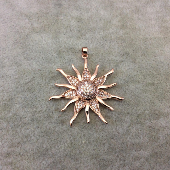 Large Rose Gold Plated CZ Cubic Zirconia Inlaid Sunburst Shaped Copper Pendant - Measures 37mm x 37mm  - Four Colors Available, See Related!