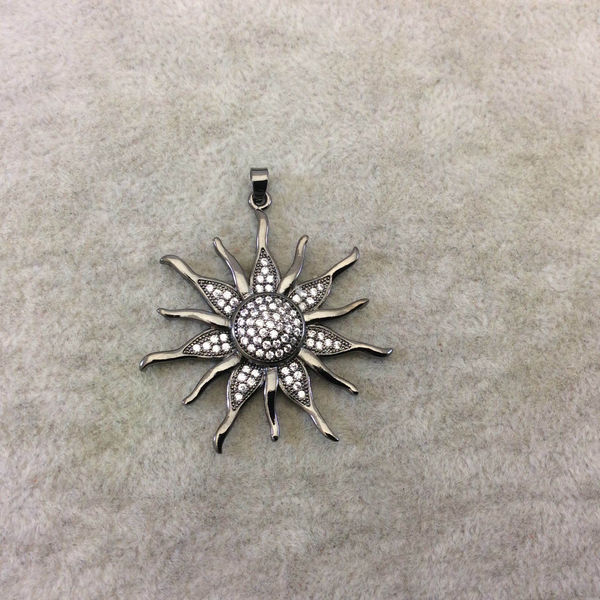 Large Gunmetal Plated CZ Cubic Zirconia Inlaid Sunburst Shaped Copper Pendant - Measures 37mm x 37mm  - Four Colors Available, See Related!