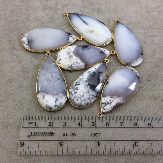Gold Plated Natural Dendritic Opal Flat Back Faceted Teardrop Shaped Copper Bezel Pendant - ~ 20mm x 40-45mm Long, Random, Individual!