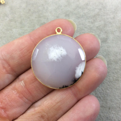 One OOAK Gold Plated Faceted Flat Back Dendritic Opal Round Coin Shaped Bezel Pendant - Measures ~ 30mm - Natural Gemstone