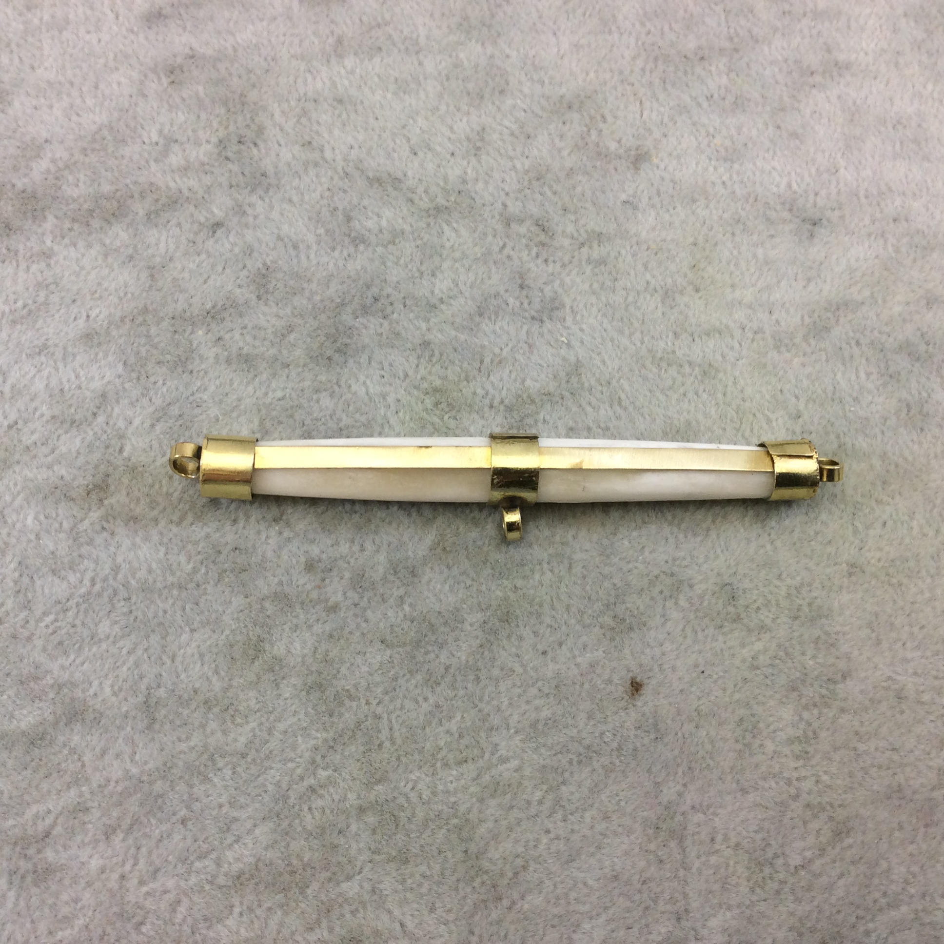 3" White/Ivory Horizontal Bar/Spike Shaped Natural Ox Bone Pendant with Gold Stripe and Center Bail - Measuring 10mm x 81mm Approx. (TR)