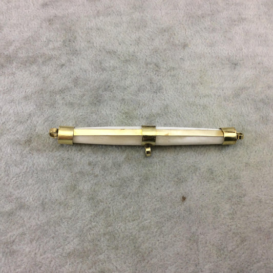 3" White/Ivory Horizontal Bar/Spike Shaped Natural Ox Bone Pendant with Gold Stripe and Center Bail - Measuring 10mm x 81mm Approx. (TR)