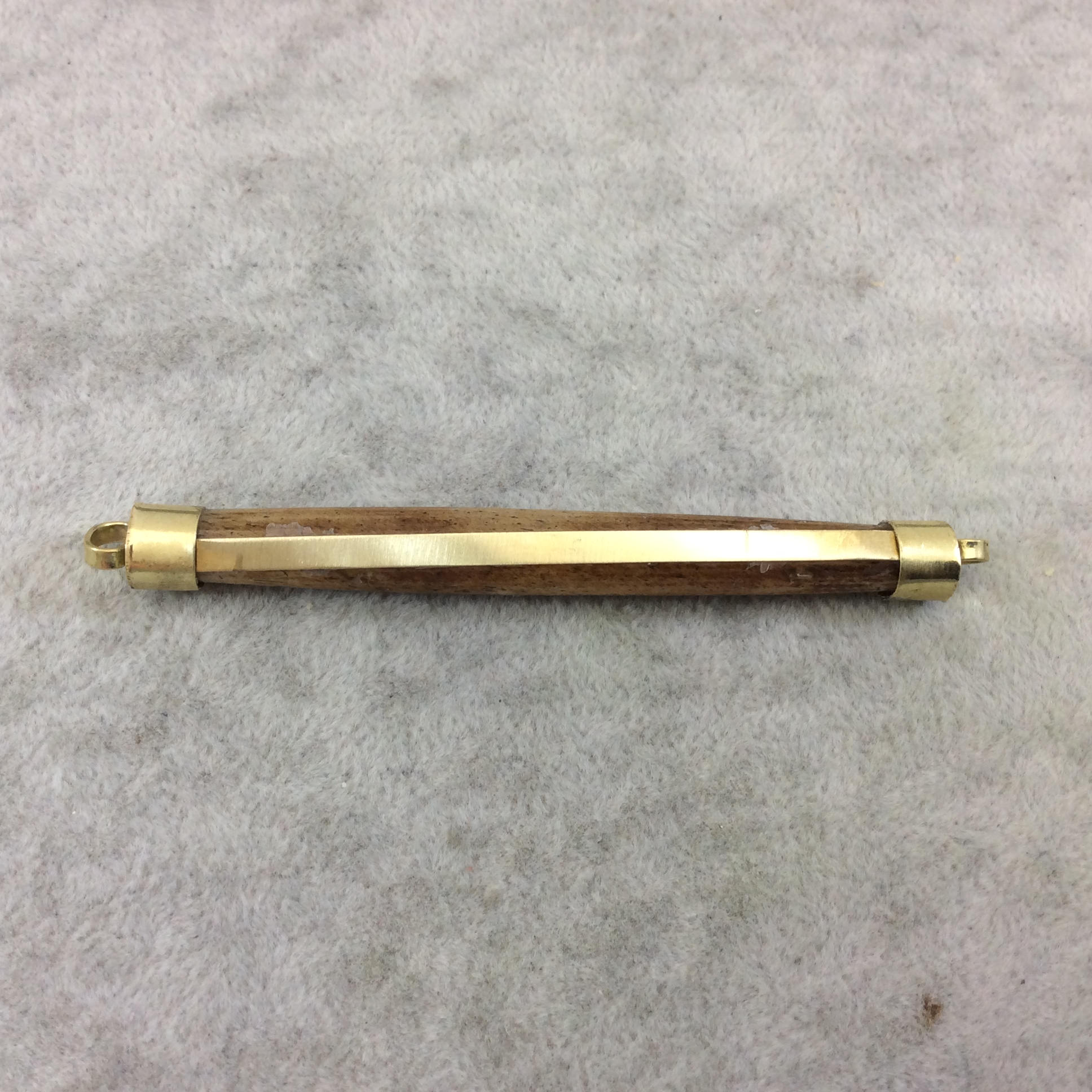 3" Light Brown Horizontal Bar/Spike Shaped Natural Ox Bone Connector with Gold Stripe- Measuring 10mm x 81mm Approximately (TR)
