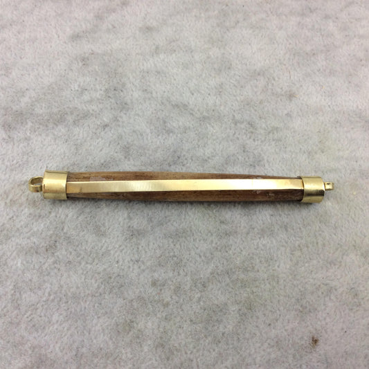 3" Light Brown Horizontal Bar/Spike Shaped Natural Ox Bone Connector with Gold Stripe- Measuring 10mm x 81mm Approximately (TR)