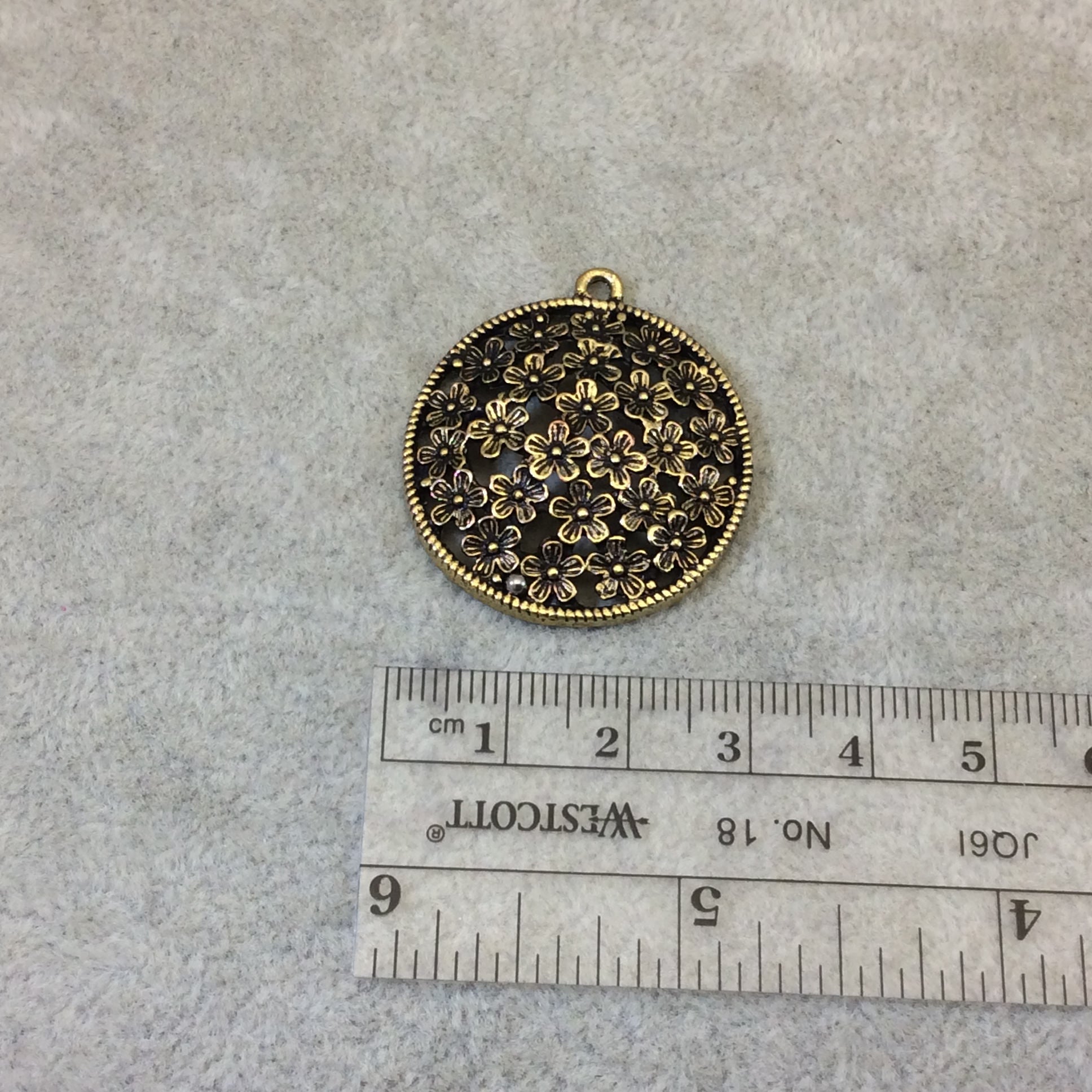 1.25" Brass Finish Raised Center Round Floral Medallion Shaped Pendant with Attached Ring  - Measures ~ 30mm x 30mm - Sold Individually