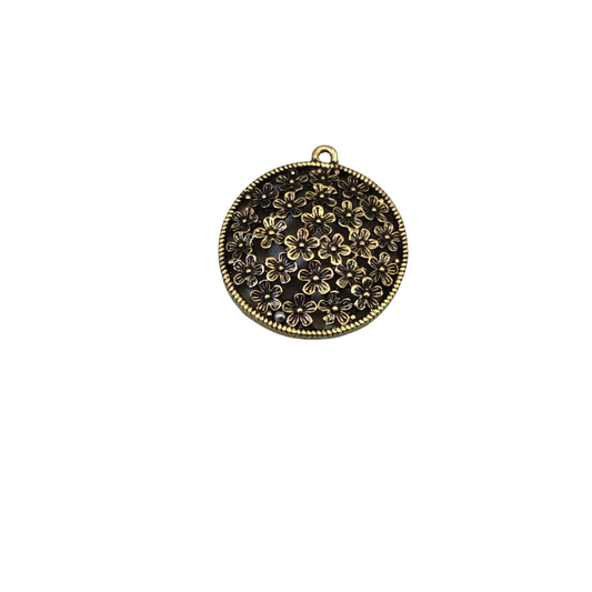 1.25" Brass Finish Raised Center Round Floral Medallion Shaped Pendant with Attached Ring  - Measures ~ 30mm x 30mm - Sold Individually