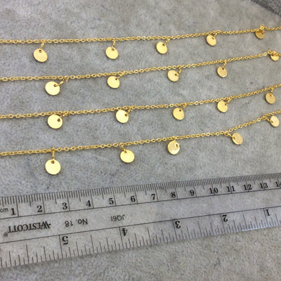Gold Plated Copper Spaced Single Dangle Wrapped Chain with 6mm Gold Disc/Coin Round Dangles - Sold by 1 Foot Length! (SD-001-GD)