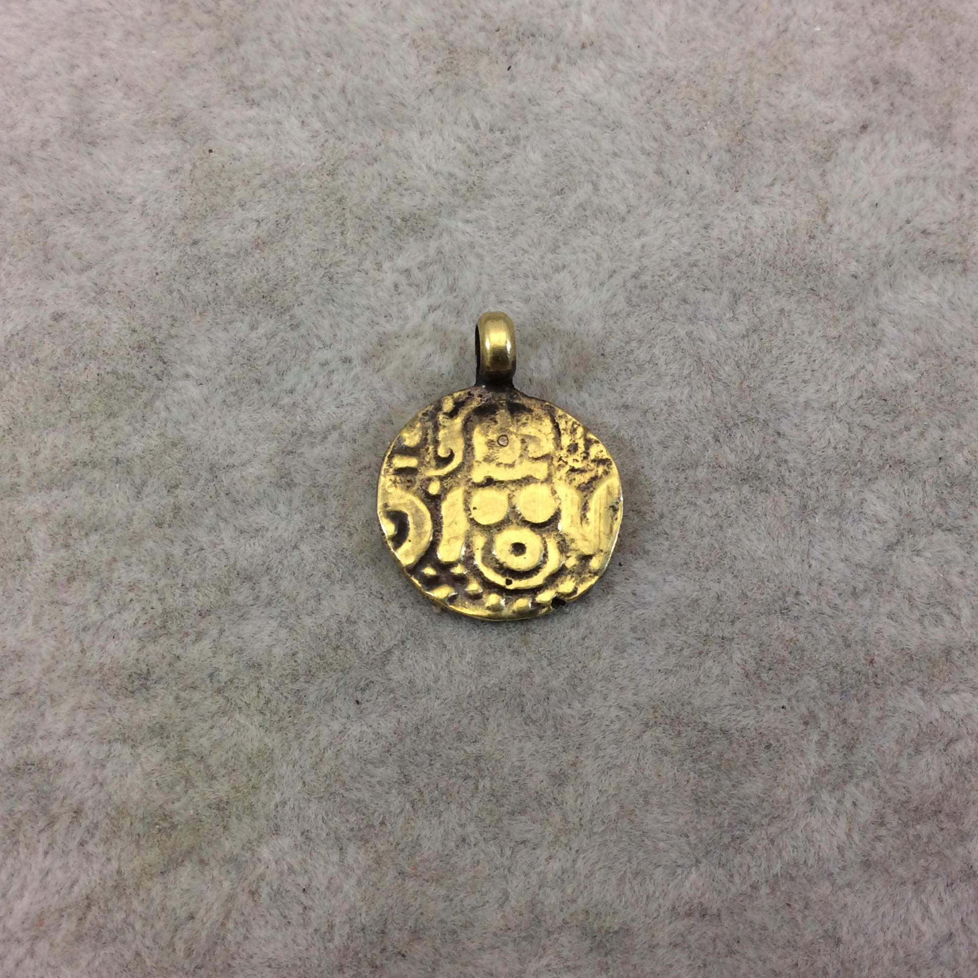 17mm x 17mm Oxidized Gold Plated Rustic Cast Embossed Icon Copper Round Shaped Pendant w/ Attached Ring  - Sold Individually (K-7)