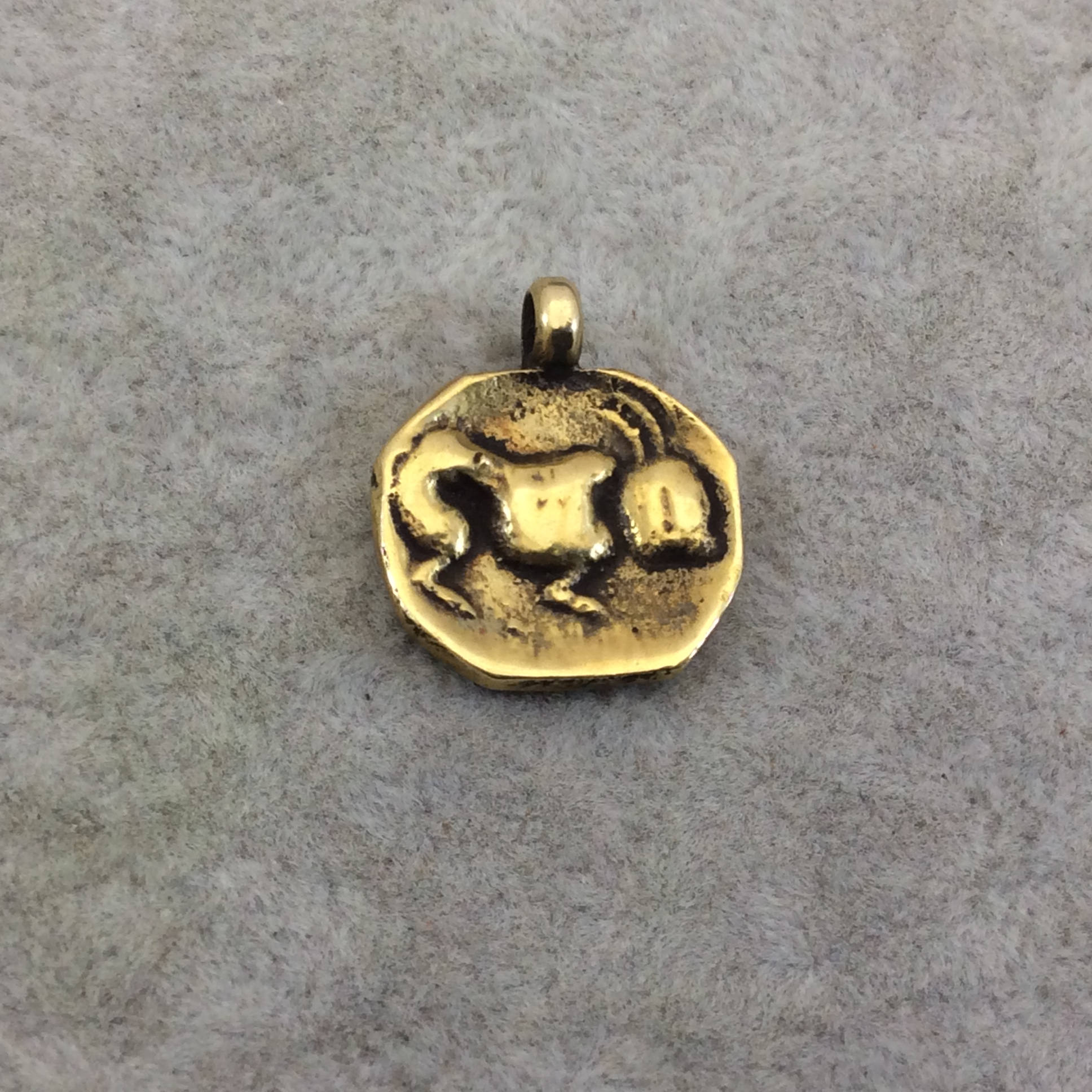 15mm x 18mm Oxidized Gold Plated Rustic Cast Standing Rabbit Icon Copper Oval Shaped Pendant w/ Attached Ring  - Sold Individually (K-9)