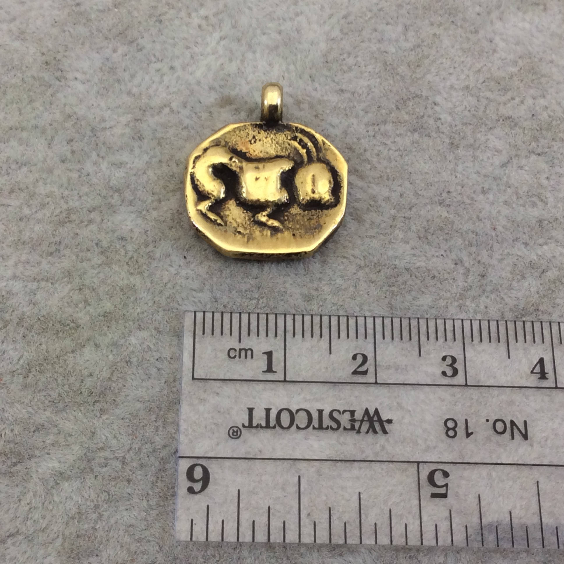 15mm x 18mm Oxidized Gold Plated Rustic Cast Standing Rabbit Icon Copper Oval Shaped Pendant w/ Attached Ring  - Sold Individually (K-9)