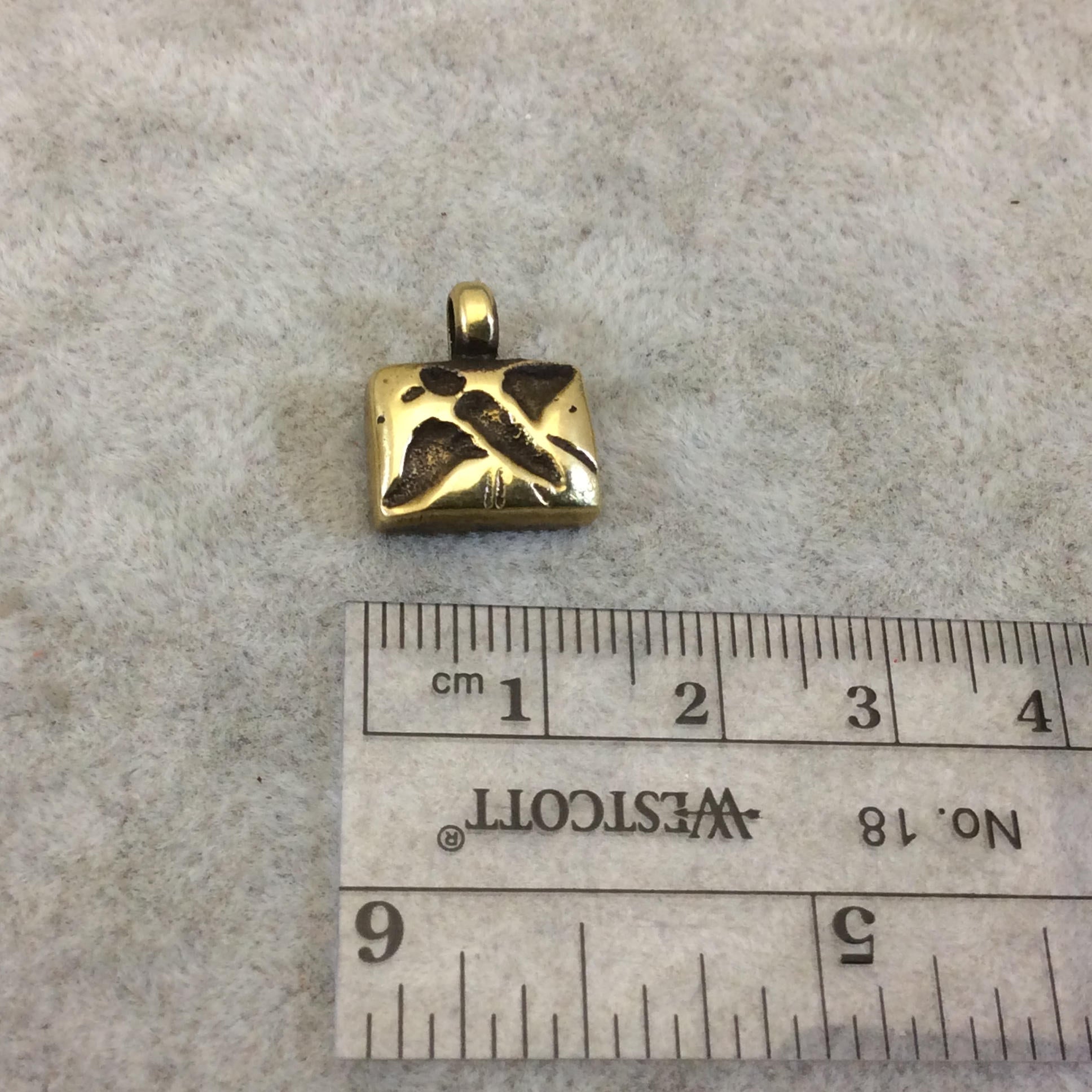 10mm x 13mm Oxidized Gold Plated Rustic Cast Hummingbird Icon Copper Rectangle Shaped Pendant w/ Attached Ring  - Sold Individually (K-19)