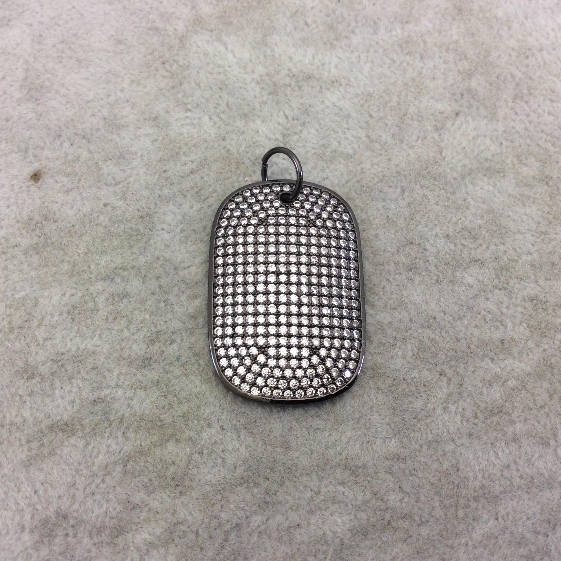 Gunmetal Plated CZ Cubic Zirconia Inlaid Rectangle/Dog Tag Shaped Copper Focal Pendant - Measuring 25mm x 35mm, Approx. - Sold Individually