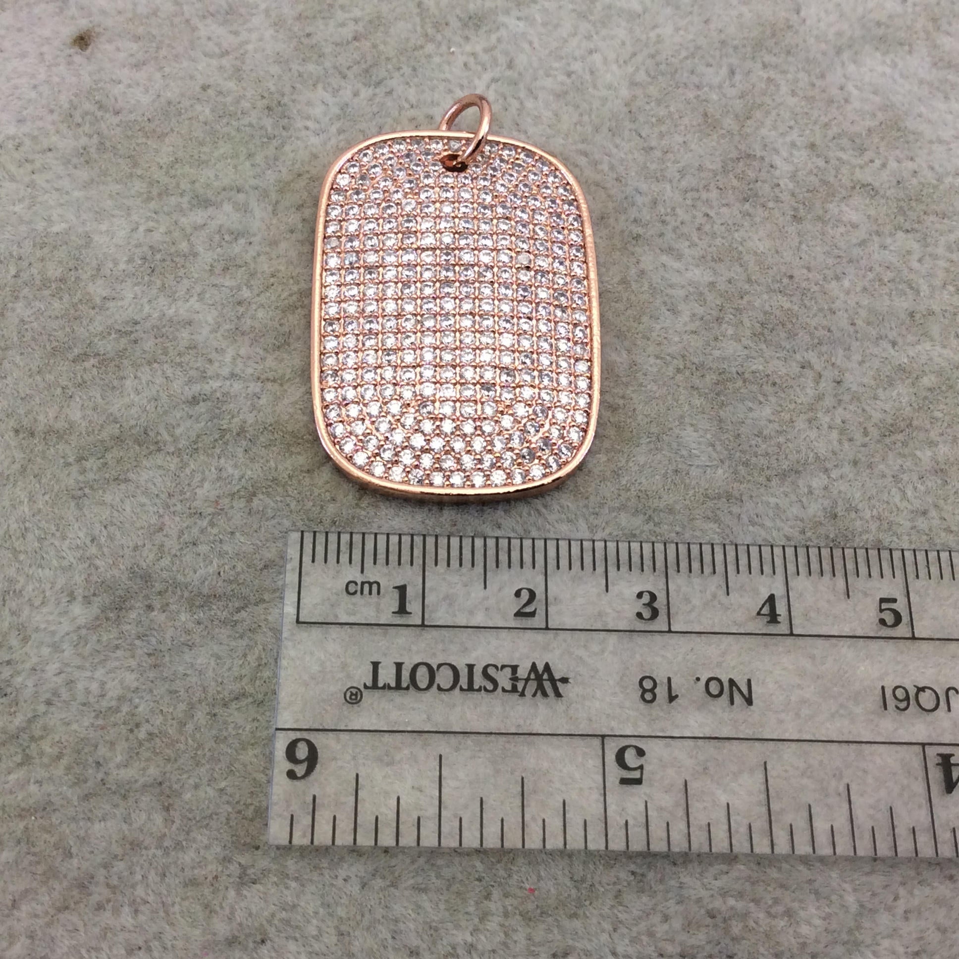 Rose Gold Plated CZ Cubic Zirconia Inlaid Rectangle/Dog Tag Shaped Copper Focal Pendant - Measuring 25mm x 35mm, Approx. - Sold Individually