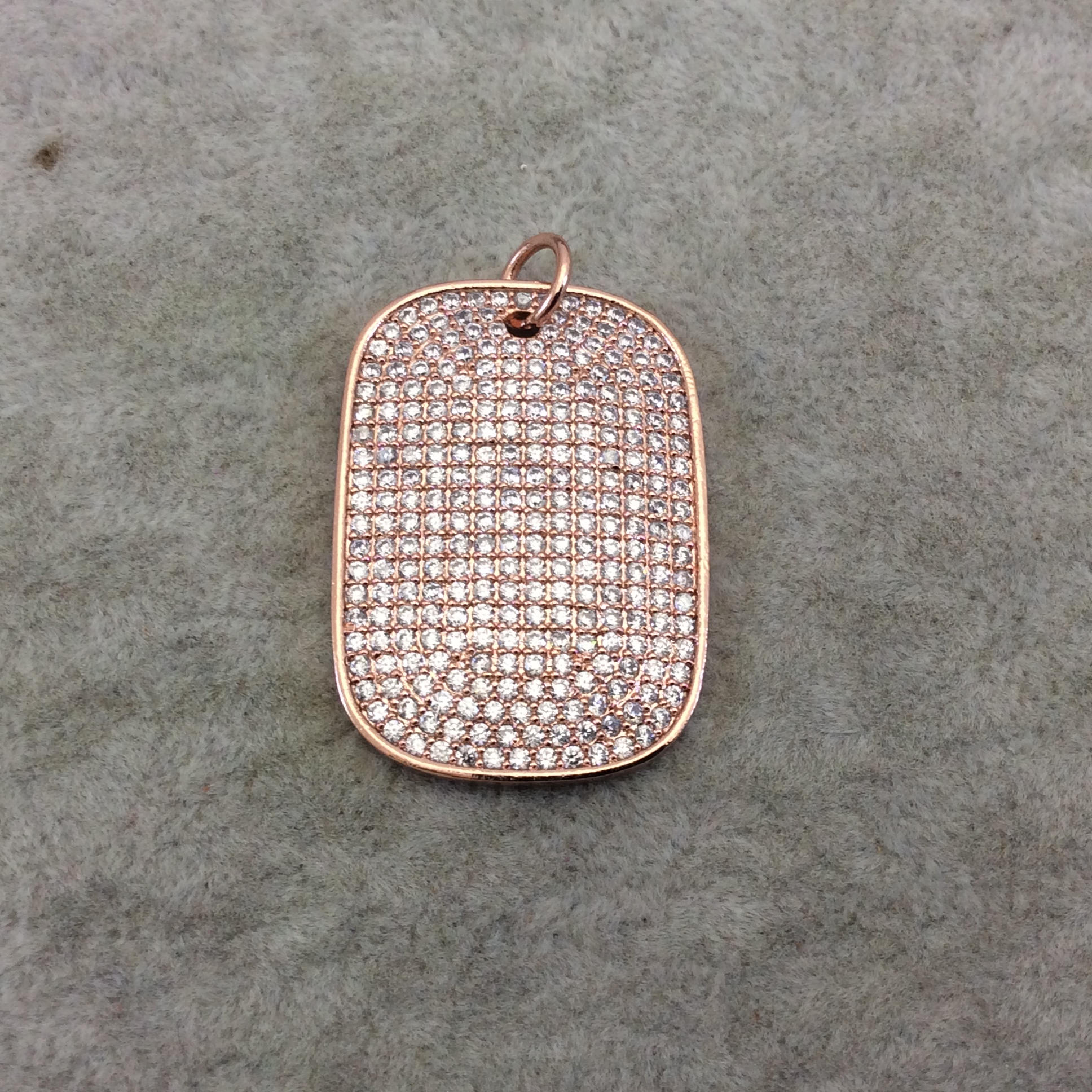 Rose Gold Plated CZ Cubic Zirconia Inlaid Rectangle/Dog Tag Shaped Copper Focal Pendant - Measuring 25mm x 35mm, Approx. - Sold Individually