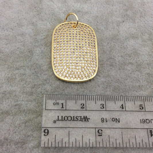 Gold Plated CZ Cubic Zirconia Inlaid Rectangle/Dog Tag Shaped Copper Focal Pendant - Measuring 25mm x 35mm, Approx. - Sold Individually