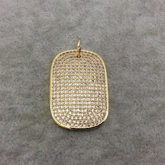 Gold Plated CZ Cubic Zirconia Inlaid Rectangle/Dog Tag Shaped Copper Focal Pendant - Measuring 25mm x 35mm, Approx. - Sold Individually