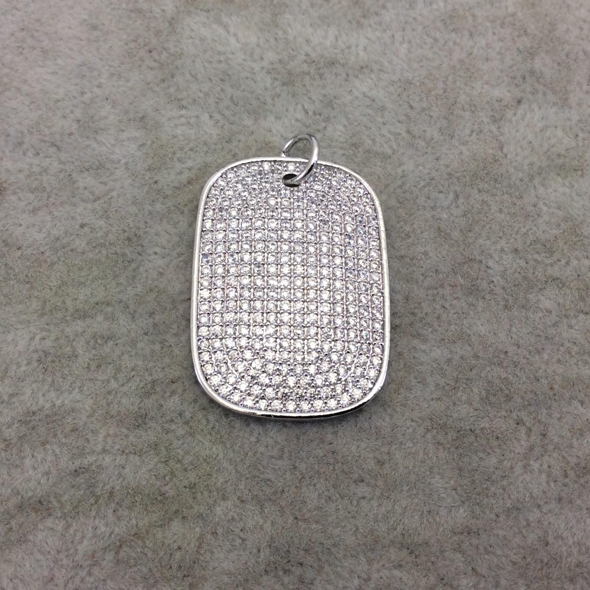 Silver Plated CZ Cubic Zirconia Inlaid Rectangle/Dog Tag Shaped Copper Focal Pendant - Measuring 25mm x 35mm, Approx. - Sold Individually