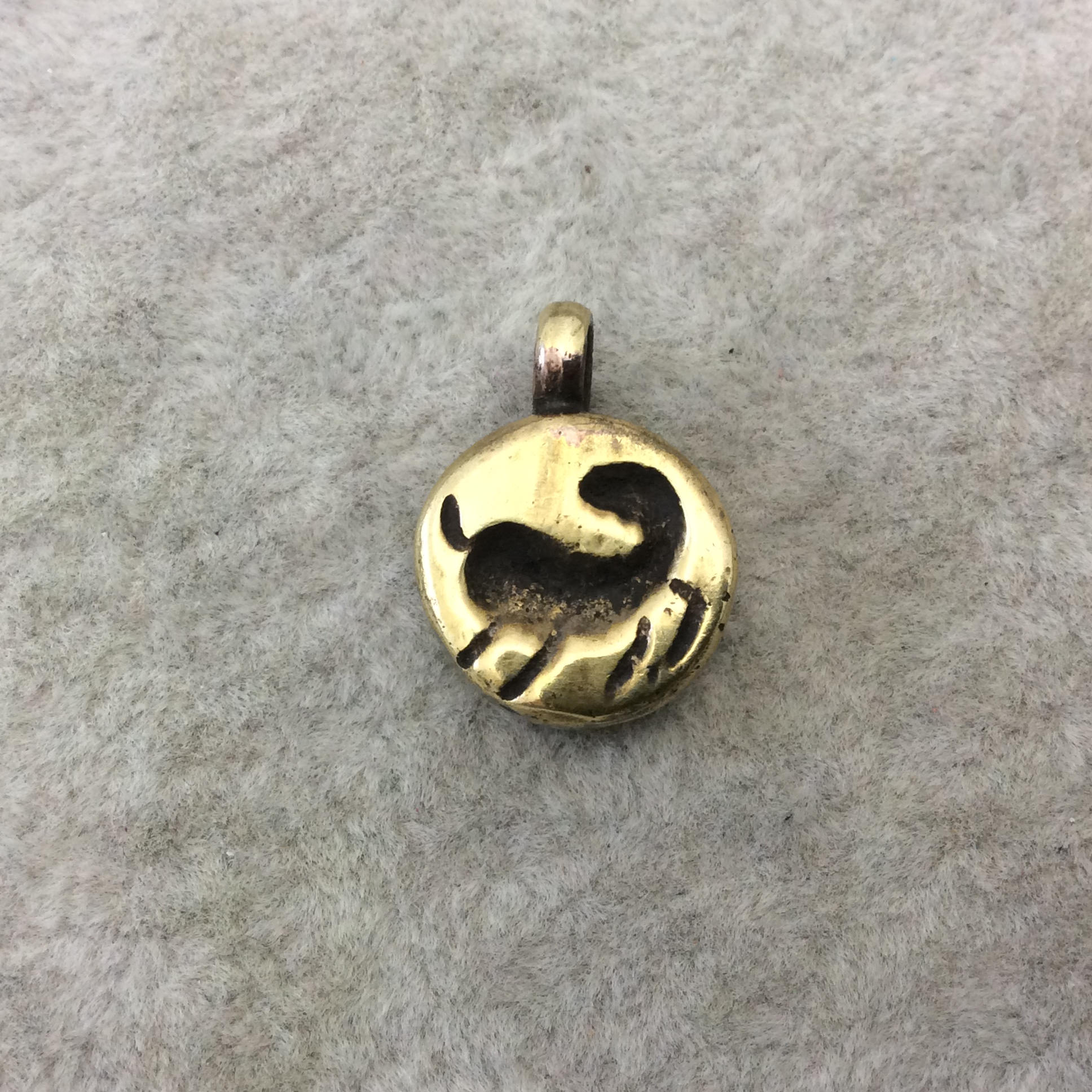 14mm x 14mm Oxidized Gold Plated Rustic Cast Mythical Creature Icon Copper Round Shaped Pendant w/ Attached Ring  - Sold Individually (K-30)