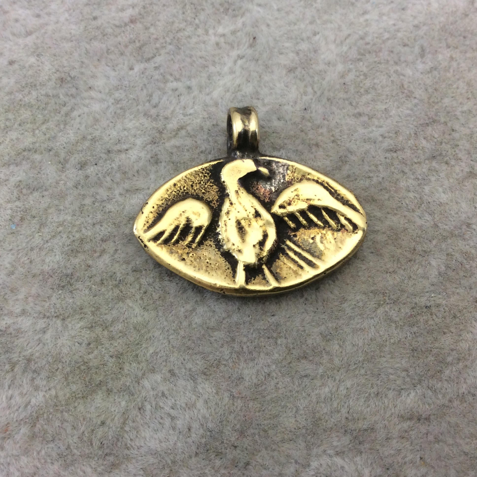 15mm x 26mm Oxidized Gold Plated Rustic Cast Flapping Bird Icon Copper Marquise Shaped Pendant w/ Attached Ring  - Sold Individually (K-38)