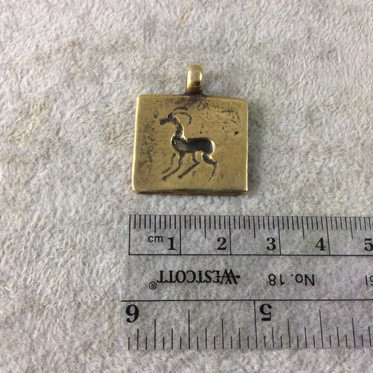 20mm x 24mm Oxidized Gold Plated Rustic Cast Horned Gazelle Icon Copper Rectangle Shaped Pendant w/ Attached Ring  - Sold Per Each  (K-52)