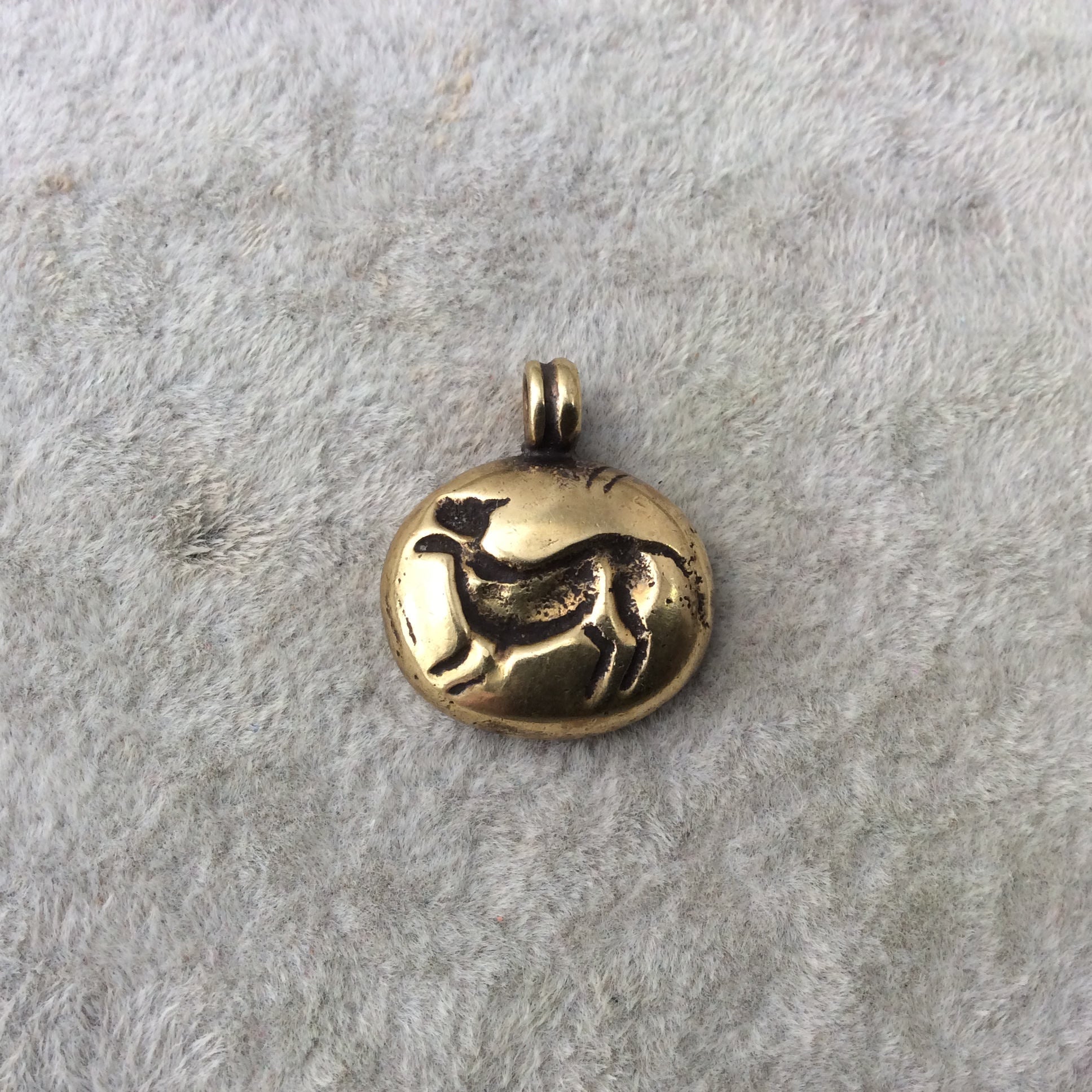 15mm x 18mm Oxidized Gold Plated Rustic Cast Happy Dog Icon Copper Oval Shaped Pendant w/ Attached Ring  - Sold Individually (K-43)