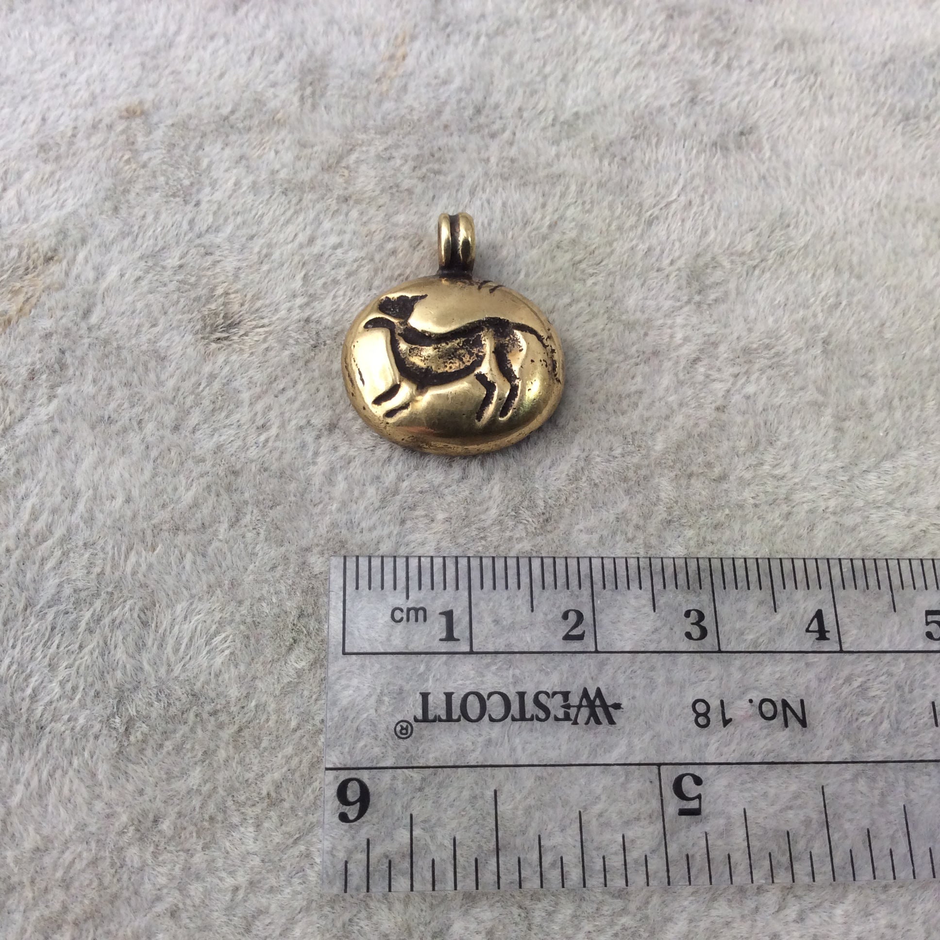 15mm x 18mm Oxidized Gold Plated Rustic Cast Happy Dog Icon Copper Oval Shaped Pendant w/ Attached Ring  - Sold Individually (K-43)