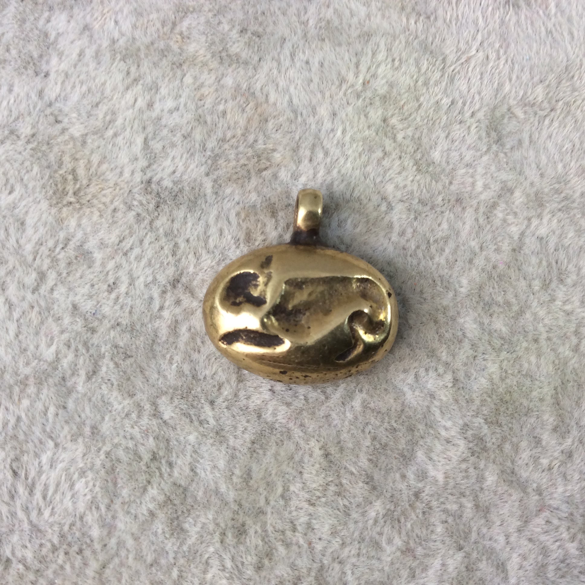 12mm x 18mm Oxidized Gold Plated Rustic Cast Reclining Creature Icon Copper Oval Shaped Pendant w/ Attached Ring  - Sold Individually (K-56)