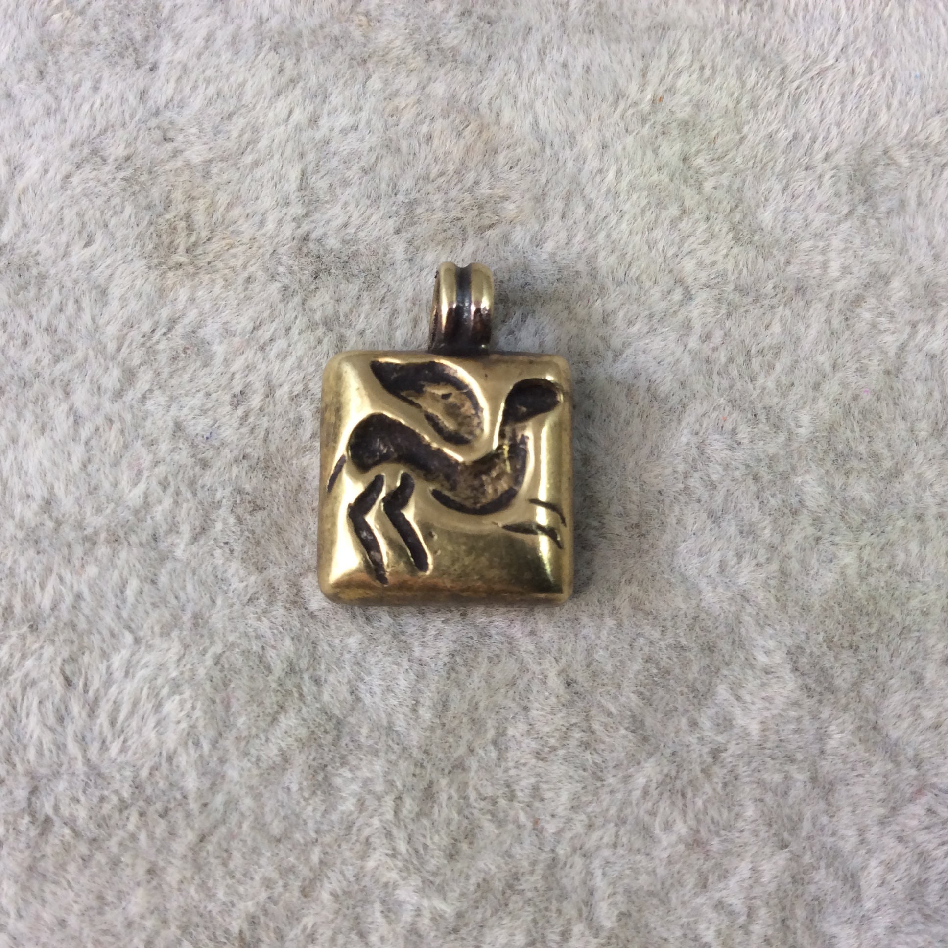 15mm x 15mm Oxidized Gold Plated Rustic Cast Winged Pegasus Icon Copper Square Shaped Pendant w/ Attached Ring  - Sold Individually (K-57)