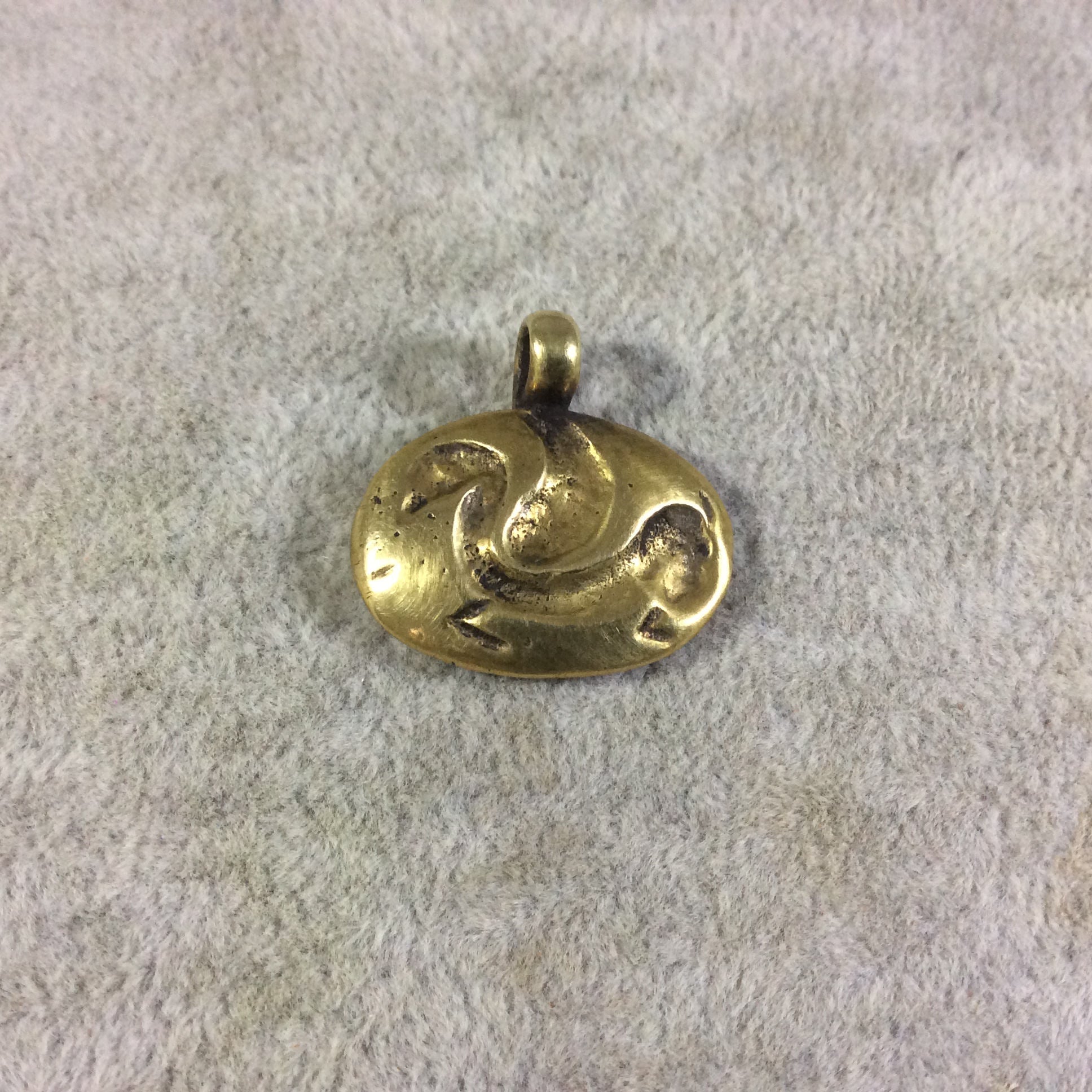 18mm x 25mm Oxidized Gold Plated Rustic Cast Winged Creature Icon Copper Oval Shaped Pendant w/ Attached Ring  - Sold Individually (K-58)