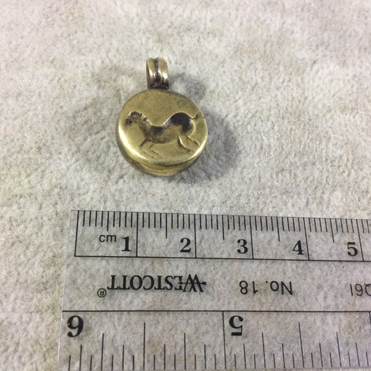15mm x 15mm Oxidized Gold Plated Rustic Cast Running Horse Icon Copper Round Shaped Pendant w/ Attached Ring  - Sold Individually (K-61)